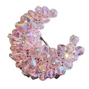 Vintage Beautiful Rhinestone Crystal Hand Wired Crescent Brooch (A1900)